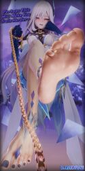 1girl absurdres annoyed barefoot blenderanon blush chain chain_leash english_text feet femdom floating foot_focus genshin_impact highres jewelry leash red_eyes sitting skirk_(genshin_impact) soles solo tagme toe_ring white_hair