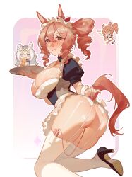 2girls alternate_costume animal_ears ass baobao771100 breasts brown_hair chibi cleavage commentary_request enmaided garter_straps gradient_background highres horse_ears horse_girl horse_tail large_breasts looking_at_viewer maid maid_headdress multiple_girls norn_ace_(umamusume) object_insertion oguri_cap_(umamusume) pink_background sex_toy side_ponytail tail thighhighs two-tone_background umamusume umamusume:_cinderella_gray uncensored vaginal vaginal_object_insertion vibrator white_background white_garter_straps white_thighhighs