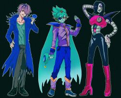 3boys :d android arm_at_side arm_behind_head arm_up armor black_background black_eyes black_hair black_pants black_shoes blue_coat blue_hairband boots cape captain_spaceboy coat collarbone colored_sclera colored_skin commentary_request eyepatch eyeshadow film_grain fingerless_gloves fingernails flipped_hair full_body garry_(ib) gloves green_cape green_hair green_shirt green_skin grey_pants grin hair_over_one_eye hairband hand_on_own_hip hand_up heart high_heel_boots high_heels highres ib_(kouri) jacket knee_boots legs_apart long_sleeves looking_at_viewer ma_e_zo makeup male_focus mechanical_arms mettaton mettaton_ex multiple_boys no_pupils omori one_eye_covered open_clothes open_coat open_mouth outline pants pink_boots purple_eyeshadow purple_gloves purple_hair purple_jacket red_eyes shirt shoes short_hair shoulder_armor smile standing teeth turtleneck turtleneck_jacket undertale upper_teeth_only white_gloves white_outline yellow_sclera