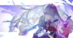 1girl abstract_background absurdres arcaea black_skirt chinese_commentary commentary_request gloves grey_eyes grey_hair hair_over_one_eye hand_up high-waist_skirt highres insight_(arcaea) jacket jacket_on_shoulders letterboxed lobelia_(saclia) long_hair looking_at_viewer magic necktie purple_background purple_gloves red_necktie shirt skirt smile solo upper_body white_jacket white_shirt