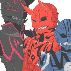 3boys armor bad_id bad_pixiv_id black_armor black_eyes blue_armor bright_pupils facing_viewer jinta kamen_rider kamen_rider_den-o_(series) male_focus momotaros monster monster_boy multiple_boys negataros oni red_armor red_eyes sharp_teeth teddy_(kamen_rider_den-o) teeth white_pupils