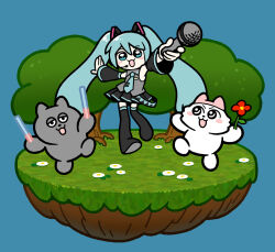 aqua_belt aqua_eyes aqua_hair aqua_necktie aqua_trim belt black_belt black_boots black_eyes black_skirt black_sleeves blue_background blush_stickers boots cat collared_shirt commentary_request crossover detached_sleeves diorama dirt double-parted_bangs facing_viewer flower glowstick grass grey_cat grey_shirt hair_between_eyes hair_ornament hat hatsune_miku holding holding_flower holding_glowstick holding_lightstick holding_microphone idol lightstick long_hair long_sleeves looking_at_another looking_at_viewer lowered_eyelids microphone necktie nmeneko nmeneko_(character) no_nose official_art open_mouth penlight_(glowstick) pink_hat pleated_skirt red_flower shirimoto shirt skirt sleeveless sleeveless_shirt thick_lineart thigh_boots tree twintails usukuro very_long_hair vocaloid white_cat white_flower wing_collar