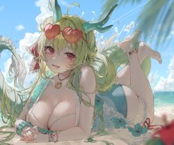 1girl ahoge barefoot bead_bracelet beads blue_sky blush bracelet breasts cleavage commission day eyewear_on_head feet feet_up green_hair green_horns green_one-piece_swimsuit green_tail hayan highres horns jewelry large_breasts long_hair looking_at_viewer lying on_stomach one-piece_swimsuit original pointy_ears red_eyes second-party_source sky smile solo sunglasses swimsuit tail tongue tongue_out