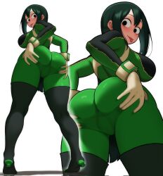 1girl ass asui_tsuyu bodysuit boku_no_hero_academia boots evoltodraw frog_girl green_bodysuit highres long_hair long_tongue looking_at_viewer low-tied_long_hair solo thigh_boots thighhighs tongue