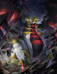 absurdres animal_focus black_sclera colored_sclera commentary_request crackling_energy creatures_(company) debris dragon dragon_wings ekaki_panda game_freak gen_4_pokemon giratina giratina_(altered) highres legendary_pokemon nintendo no_humans open_mouth pokemon pokemon_(creature) pokemon_focus red_eyes signature solo wings