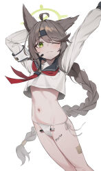 1girl absurdres ahoge blue_archive braid braided_ponytail brown_hair di_le_to fundoshi green_eyes green_halo halo headset highres japanese_clothes long_hair looking_at_viewer navel neckerchief one_eye_closed otogi_(blue_archive) ponytail red_neckerchief school_uniform serafuku shirt simple_background stomach white_background white_shirt