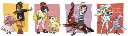 2boys 2girls arm_up black_hair black_shirt braid closed_mouth dotabata elio_(pokemon) gen_7_pokemon green_hair green_shorts hand_fan hands_on_own_hips hat hau_(pokemon) highres holding holding_fan lillie_(pokemon) long_hair multiple_boys multiple_girls nintendo open_mouth orange_shirt oricorio oricorio_(baile) oricorio_(pa&#039;u) oricorio_(pom-pom) oricorio_(sensu) pokemon pokemon_sm selene_(pokemon) shirt shorts striped_clothes striped_shirt thighhighs white_hat white_thighhighs