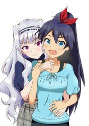 2girls ahoge antenna_hair aqua_eyes aqua_shirt artist_request black_hair bow breasts collarbone denim denim_shorts earrings eyelashes fang female_focus fingernails friends ganaha_hibiki hair_between_eyes hair_bow hair_ornament hairband hand_on_another&#039;s_chest hand_on_another&#039;s_hip hand_up happy height_difference high_ponytail highres hoop_earrings idolmaster idolmaster_million_live! jewelry light_blush long_hair looking_at_another medium_breasts multiple_girls namco neck open_mouth parted_bangs ponytail puffy_short_sleeves puffy_sleeves purple_eyes shirt short_shorts short_sleeves shorts sidelocks simple_background skirt standing tan wavy_hair white_background white_hair wide_ponytail