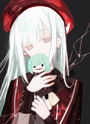 1girl ascot bang_dream! bang_dream!_it&#039;s_mygo!!!!! beret black_background closed_mouth commentary_request crack doll earrings green_hair hands_up hat highres holding holding_doll jewelry juexing_(moemoe3345) long_hair long_sleeves mortis_(bang_dream!) red_hat sidelocks simple_background smile solo upper_body wakaba_mutsumi wakaba_mutsumi_(doll) white_ascot