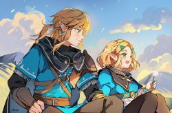 1boy 1girl artist_name belt black_pants black_shirt blonde_hair blue_eyes blue_tunic braid breasts brown_belt cat_princess cloud cloudy_sky commentary_request crown_braid dandelion dandelion_seed earrings flower green_eyes hair_between_eyes hair_ornament hairclip holding holding_flower jewelry juliet_sleeves link long_sleeves looking_at_another medium_breasts nintendo open_mouth outdoors pants parted_bangs pointy_ears ponytail princess_zelda puffy_sleeves shirt short_hair sidelocks sitting sky smile the_legend_of_zelda the_legend_of_zelda:_breath_of_the_wild the_legend_of_zelda:_tears_of_the_kingdom tunic upper_body