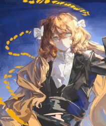 1girl black_jacket collared_shirt crossed_bangs freckles ishmael_(project_moon) jacket lapels limbus_company long_hair long_sleeves looking_at_viewer mili_(band) notched_lapels o_tyappa orange_hair parted_lips pequod_(identity)_(project_moon) project_moon rope shirt sidelocks solo very_long_hair white_shirt