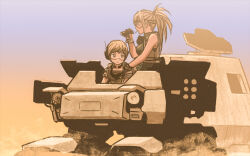 1boy 1girl age_difference binoculars commentary_request goggles highres long_hair mecha military onee-shota original outdoors ponytail post-apocalypse robot rustle science_fiction throat_microphone vest
