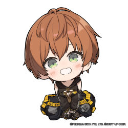 1girl baggy_pants black_gloves black_pants boots breasts brown_hair chibi cleavage commentary english_commentary fingerless_gloves full_body gloves goddess_of_victory:_nikke green_eyes grey_boots grin hair_between_eyes highres lily_artemis_ii_(stellar_blade) long_sleeves looking_at_viewer medium_breasts no_nose official_art pants puffy_long_sleeves puffy_sleeves short_hair shrug_(clothing) sitting smile solo stellar_blade totatokeke v_arms