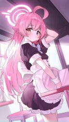 1girl absurdres ahoge alternate_costume apron blue_archive blue_bow blue_bowtie bow bowtie capry enmaided halo hand_on_own_head hand_up heterochromia highres holding holding_tray hoshino_(blue_archive) looking_at_viewer maid maid_apron pink_hair pink_halo puffy_short_sleeves puffy_sleeves short_sleeves solo tray waist_apron white_apron