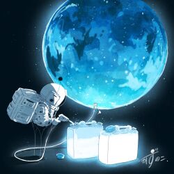 1other artist_name astronaut backpack bag commentary full_body gas_pump gas_pump_nozzle gloves glowing glowing_liquid helmet highres holding jerry_can kazunoko_(kazunoko_zunoco) original other_focus planet radio_antenna signature space_helmet spacesuit standing transparent water white_gloves