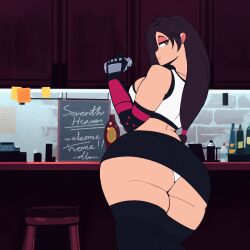 1girl animated animated_gif ass ass_shake bar_(place) bar_stool bare_shoulders breasts brown_hair cdlum crop_top curvy elbow_gloves final_fantasy final_fantasy_vii gloves highres huge_ass large_breasts long_hair panties red_eyes seductive_smile seventh_heaven skirt sleeveless smile solo sports_bra square_enix stool thick_thighs thighhighs thighs tifa_lockhart underwear white_panties wide_hips