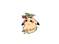00tamakichi bird black_eyes brown_stripes colored_stripes creatures_(company) dot_nose ears_down feathers game_freak gen_1_pokemon gen_2_pokemon green_feathers highres looking_to_the_side narrowed_eyes natu nintendo no_humans no_mouth pikachu plume pokemon pokemon_(creature) red_plume sideways_glance simple_background sitting sitting_on_head sitting_on_person tail white_background yellow_fur