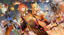 2boys 6+girls :d :o aerial_fireworks ahoge ajaw_(genshin_impact) alternate_costume animal_ear_fluff animal_ears ascot bandage_on_knee bandaged_head bandaged_leg bandages bare_shoulders bell black_bow black_bowtie black_cape black_dress black_footwear black_hair black_hat black_pants black_shirt black_shorts black_thighhighs blonde_hair blue_bow blue_dress blue_eyes blue_jacket blue_pants blue_sleeves blue_thighhighs bow bowtie braid breasts broom broom_riding candlestand cape chasca_(genshin_impact) chinchilla_ears citlali_(genshin_impact) cleavage closed_mouth collar colored_inner_hair commentary_request crossed_bangs crossed_legs detached_sleeves dress earrings fingernails fireworks food genshin_impact gloves green_eyes hair_bow hair_over_one_eye halloween halloween_bucket hands_up hat heterochromia high_heels highres holding holding_candlestand holding_food holding_lantern holding_staff iansan_(genshin_impact) jacket jaguar_ears jaguar_tail jewelry jingle_bell kachina_(genshin_impact) kinich_(genshin_impact) lantern large_breasts long_fingernails long_hair long_sleeves looking_at_viewer mask mask_on_head mavuika_(genshin_impact) medium_breasts mini_hat mualani_(genshin_impact) multicolored_dress multicolored_hair multiple_boys multiple_girls nail_polish night night_sky open_clothes open_jacket open_mouth orange_dress orange_hair orange_nails orange_shirt ororon_(genshin_impact) outdoors pants pink_hair purple_hair purple_hat purple_nails red_collar red_eyes red_hair sample_watermark shiba_(tonari_no_shiba_inu) shirt short_sleeves shorts single_thighhigh sitting skull_mask sky small_breasts smile staff standing striped_clothes striped_shirt symbol-shaped_pupils tail tail_bell tail_ornament thighhighs toenails torn_clothes torn_pants torn_thighhighs unfinished vertical-striped_clothes vertical-striped_shirt very_long_hair watermark white_ascot white_gloves white_hair white_shirt white_thighhighs xilonen_(genshin_impact) yellow_bow