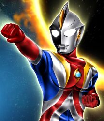 Rule 34 | 1boy, alien, blue skin, bluesky username, clenched hands, collarbone, color timer, colored skin, commentary, compound eyes, dorsal fin, eclipse, fighting stance, glowing, glowing eyes, gold trim, hanejidyna86, highres, looking ahead, male focus, multicolored skin, no pupils, outstretched arm, pectorals, red skin, silver skin, sky, solar eclipse, solo, star (sky), starry sky, sun, tokusatsu, toned, toned male, ultra series, ultraman cosmos, ultraman cosmos (eclipse mode), ultraman cosmos (series), upper body, white eyes, wrinkled skin
