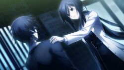 Rule 34 | 1girl, ahoge, black hair, black jacket, breasts, building, buttons, chaos;child, collared shirt, double-breasted, dress, ears visible through hair, from behind, from side, game cg, glasses, hair between eyes, hand on another&#039;s shoulder, hekiho academy, hekiho academy uniform, highres, jacket, kunosato mio, lab coat, long hair, long sidelocks, medium breasts, messy hair, miyashiro takuru, nape, necktie, night, non-web source, official art, ponytail, purple eyes, red necktie, sailor collar, sasaki mutsumi, shirt, short hair, sidelocks, smile, standing, translation request, white sailor collar, white shirt, window