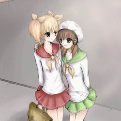 beret blonde_hair brown_hair character_request eika_sachi green_eyes green_theme hat headphones momo school_uniform twintails utau vocaloid