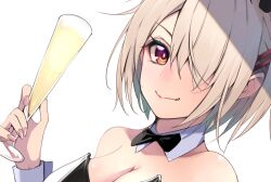 Rule 34 | 1girl, black bow, black bowtie, blonde hair, bow, bowtie, breasts, champagne flute, cleavage, closed mouth, cup, detached collar, drinking glass, hair over one eye, heaven burns red, highres, holding, holding cup, kayamori ruka, leotard, medium breasts, natsuki (muravito), playboy bunny, red eyes, short hair, simple background, smile, solo, strapless, strapless leotard, upper body, white background, white wrist cuffs, wrist cuffs