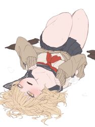 1girl blonde_hair blush boku_no_hero_academia collarbone ginjaeru long_sleeves looking_at_viewer lying on_back sailor_collar school_uniform solo sweat thighs toga_himiko white_background yellow_eyes