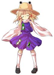 1girl alphes_(style) animal_print blonde_hair brown_shoes closed_eyes closed_mouth commentary_request crying dairi frog_hat frog_print full_body hair_ribbon hand_up hat large_variant_set loafers long_hair long_sleeves moriya_suwako parody purple_skirt purple_vest red_ribbon ribbon shoes skirt skirt_set socks solo style_parody tachi-e tears touhou transparent_background tress_ribbon variant_set vest white_socks wide_sleeves