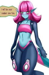 1girl absurdres blue_skin blush colored_skin duna_(fossil_fighters) english_text fossil_fighters green_eyes highres looking_at_viewer medium_hair nae_shiki navel pointy_ears simple_background solo tail white_background