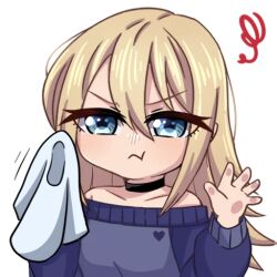 1girl annoyed black_choker blonde_hair blue_eyes blue_sweater choker hair_between_eyes henna_(hentaiukr) hentaiukr holding holding_towel korzynka_persykiv long_hair no_facepaint non-web_source off_shoulder pout shiny_eyes solo sticker sweater towel transparent_background