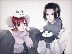 Rule 34 | akechi mitsuhide (sengoku musou), black eyes, black hair, braid, breath, coat, father and daughter, gloves, green eyes, hosokawa gracia, lips, mittens, parted bangs, parted lips, ponytail, puffy sleeves, red hair, scarf, sengoku musou, snow, snowing