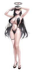 1girl abab_xiaxia absurdres alternate_costume armpits arms_up black_choker black_hair black_nails black_one-piece_swimsuit blue_archive blush bracelet breasts bright_pupils choker earrings feet flip-flops flower full_body hair_flower hair_ornament halo high_heel_sandals highres huge_breasts jewelry legs long_hair looking_at_viewer nail_polish navel one-piece_swimsuit parted_lips red_eyes redrawn rio_(blue_archive) sandals simple_background solo standing stomach swimsuit thigh_strap thighs toenail_polish toenails toes toki_(blue_archive) very_long_hair white_background white_pupils