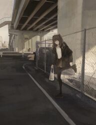 1girl a9x3 against_fence bag black_jacket black_shoes black_skirt black_thighhighs bridge brown_eyes brown_hair building car chain-link_fence city expressionless fence highres holding holding_bag jacket jewelry leaning long_hair looking_at_viewer motor_vehicle necklace original outdoors road scenery shirt shoes shopping_bag skirt solo standing standing_on_one_leg thighhighs twintails underpass urban white_shirt wide_shot