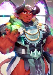 1boy absurdres bara beard booboo_(19816236) commentary cow_boy cow_horns cow_tail darius_(kemo_coliseum) english_commentary facial_hair furry furry_male hand_on_own_hip highres horns kemo_coliseum looking_at_viewer male_focus muscular muscular_male open_mouth paid_reward_available red_eyes smile sparkle tail