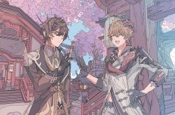2boys ^_^ ^o^ architecture black_gloves brooch brown_coat brown_hair cape cherry_blossoms closed_eyes coat collared_shirt cowboy_shot crossed_bangs ear_piercing earrings east_asian_architecture fox_statue genshin_impact gloves grey_jacket grey_pants hand_on_own_hip hand_up highres holding in-universe_location jacket jewelry lantern male_focus mask mask_on_head multicolored_hair multiple_boys orange_hair pants paper_lantern piercing railing red_cape rope ryong_hujoking shimenawa shirt short_hair shrine stairs standing stone streaked_hair tartaglia_(genshin_impact) tree yellow_eyes zhongli_(genshin_impact)