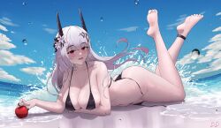 Rule 34 | 1girl, absurdres, arknights, barefoot, bb. ex, beach, bikini, black bikini, black horns, breasts, chinese commentary, food, fruit, hair ornament, highres, holding, holding food, holding fruit, horns, large breasts, long hair, looking at viewer, material growth, mudrock (arknights), navel, ocean, outdoors, pointy ears, red eyes, solo, swimsuit, wardrobe malfunction, white hair