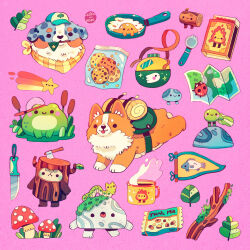 animal backpack bag bug camping caterpillar cookie creature cup dog ellievsbear fire flask food frog highres insect knife ladybug leaf map matchbox mug mushroom no_humans original plant rock smile snack star_(symbol) tree welsh_corgi