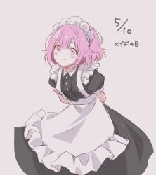 1girl alternate_costume apron arms_behind_back blush_stickers commentary_request dated dress enmaided highres maid maid_day maid_headdress oekakimmy ootori_emu pink_eyes pink_hair project_sekai short_hair short_sleeves smile solo translation_request