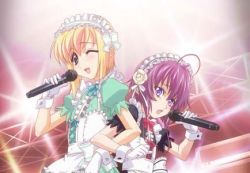 00s 2boys ahoge androgynous blonde_hair boku_no_pico crossdressing curly_hair gloves green_eyes kuro-kun long_hair lowres maid maid_headdress male_focus microphone multiple_boys music one_eye_closed pico_(boku_no_pico) purple_eyes purple_hair shounen_maid_kuro-kun singing trap wink wrist_cuffs