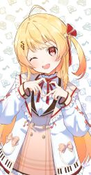 1girl ahoge anidf banpen_(todoroki_hajime) blonde_hair buttons commentary cowboy_shot double-breasted dress fortissimo frilled_dress frills hair_ornament hair_ribbon heart heart_hands highres hololive hololive_dev_is jacket long_hair looking_at_viewer musical_note musical_note_hair_ornament neck_ribbon one_eye_closed one_side_up open_mouth otonose_kanade otonose_kanade_(1st_costume) red_eyes red_ribbon ribbon shirt smile solo teeth upper_teeth_only very_long_hair virtual_youtuber white_background white_jacket white_shirt