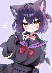 1girl :q absurdres animal_ear_fluff animal_ears bat_wings black_choker black_sailor_collar black_serafuku black_shirt black_skirt bow bowtie cat_ears cat_girl chocolat_(vrchat) choker detached_wings frilled_sailor_collar frills hair_ornament hair_ribbon highres looking_at_viewer mini_wings nokooooooo purple_background purple_hair ribbon sailor_collar school_uniform serafuku shirt short_hair skirt sleeves_past_wrists smile solo tongue tongue_out two_side_up vrchat wings yellow_eyes