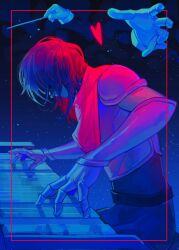 Rule 34 | 1other, altades art, armor, blue background, border, breastplate, commentary, conductor, conductor baton, corrupted twitter file, deltarune, disembodied hand, english commentary, from side, gauntlets, gloves, gradient background, heart, highres, instrument, kris (dark world) (deltarune), kris (deltarune), music, other focus, piano, playing instrument, playing piano, profile, short hair, sitting, soul (deltarune), white gloves