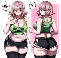 1girl ? absurdres ass bare_shoulders black_shorts black_thighhighs breasts cleavage collarbone cowboy_shot crop_top danganronpa_(series) danganronpa_2:_goodbye_despair food food_in_mouth from_behind galaga green_tank_top hair_ornament hairpin highres large_breasts looking_at_viewer looking_back medium_hair multiple_views nanami_chiaki navel pink_eyes pink_hair pocky pocky_in_mouth rageman709 short_shorts shorts simple_background speech_bubble spoken_question_mark tank_top thighhighs white_background