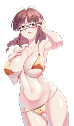 Rule 34 | 1girl, adjusting eyewear, akizuki ritsuko, antenna hair, aqua-framed eyewear, armpits, bare shoulders, bikini, blush, braid, breasts, brown eyes, brown hair, cleavage, collarbone, cowboy shot, floating hair, glasses, gold bikini, hadaka megane, hair tie, hand on own chest, hand up, highres, idolmaster, idolmaster (classic), idolmaster million live!, idolmaster million live! theater days, large breasts, looking at viewer, micro bikini, navel, open mouth, sideboob, simple background, solo, sweatdrop, swimsuit, thigh gap, twin braids, underboob, white background