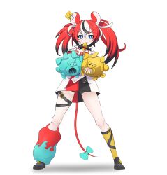 Rule 34 | 1girl, :3, animal ears, arm warmers, asymmetrical legwear, bike shorts under skirt, black gloves, black hair, blue eyes, bow, collar, commentary, english commentary, full body, gloves, hakos baelz, hakos baelz (1st costume), highres, hololive, hololive english, leaning back, miniskirt, mismatched legwear, mouse ears, mouse girl, mouse tail, mousetrap, multicolored hair, red hair, single glove, skirt, solo, spiked collar, spikes, streaked hair, tail, tail bow, tail ornament, tensutensu, twintails, v-shaped eyebrows, virtual youtuber, white hair