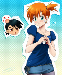 1boy 1girl alternate_costume aqua_background aqua_eyes ash_ketchum black_hair blue_background blush brown_eyes chibi child collarbone contemporary earrings fashion gradient_background head_bump heart holding holding_poke_ball injury jewelry laura_jimenez looking_at_viewer misty_(pokemon) necklace nintendo orange_hair pantyhose pantyhose_under_shorts poke_ball poke_ball_(basic) pokemon pokemon_(anime) polka_dot polka_dot_background ribbon short_hair short_shorts shorts side_ponytail sweatdrop yellow_background