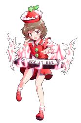 angel_wings blush bobby_socks brown_eyes brown_hair collar collared_vest commentary_request dairi detached_wings fire frilled_collar frills full_body hat instrument keyboard_(instrument) large_variant_set long_sleeves looking_at_viewer lyrica_prismriver mary_janes medium_hair music open_mouth playing_instrument raised_eyebrows red_hat red_shoes red_shorts red_vest shirt shoes shorts simple_background socks standing standing_on_one_leg star_(symbol) straight-on surprised tachi-e touhou transparent_background variant_set vest white_shirt white_socks white_wings wings wispy_bangs