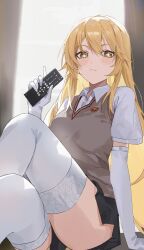 Rule 34 | 1girl, absurdres, black skirt, blonde hair, breasts, brown sweater vest, closed mouth, collared shirt, commentary, controller, crossed legs, eimizzzzz, elbow gloves, gloves, highres, holding, holding remote control, large breasts, long hair, looking at viewer, miniskirt, pleated skirt, remote control, school emblem, school uniform, shirt, shokuhou misaki, short sleeves, skirt, solo, spider web print, star-shaped pupils, star (symbol), summer uniform, sweater vest, symbol-shaped pupils, thighhighs, thighs, toaru kagaku no mental out, toaru kagaku no railgun, toaru majutsu no index, tokiwadai school uniform, v-neck, white gloves, white shirt, white thighhighs, yellow eyes