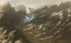 cliff cloud cloudy_sky concept_art crystal day fantasy grey_sky landscape mountain no_humans original outdoors rock scenery sky yamakou_(yamakou_e2)