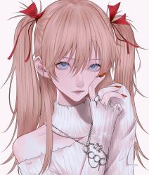 1girl absurdres blue_eyes bracelet closed_mouth commentary eyelashes grey_background hair_ribbon heart heart_necklace highres jewelry lips long_hair looking_at_viewer mano_aaa nail_polish necklace neon_genesis_evangelion orange_hair ornate_ring portrait red_nails red_ribbon ribbon ring single_bare_shoulder sleeves_past_wrists solo souryuu_asuka_langley sweater torn_clothes torn_sweater turtleneck turtleneck_sweater two_side_up white_sweater